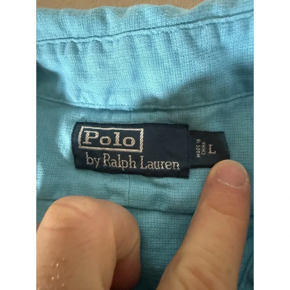 VINTAGE Polo Ralph Lauren Shirt Adult Large Blue Dual Pocket Cargo Linen Mens